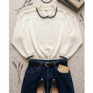 Vintage 50s Orlon & Wool Peter Pan Collar Sweater Top Cream Knit Banded Waist